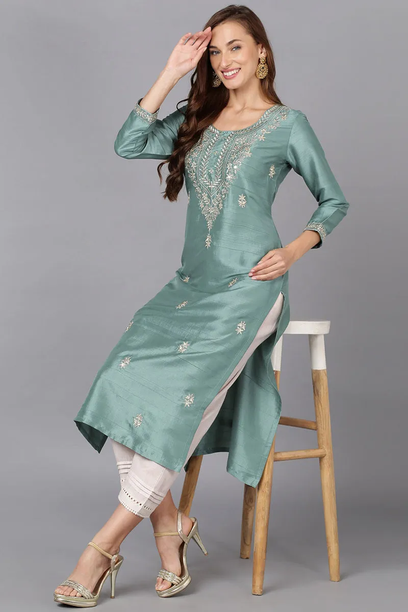 Teal Silk Blend Straight Kurtas