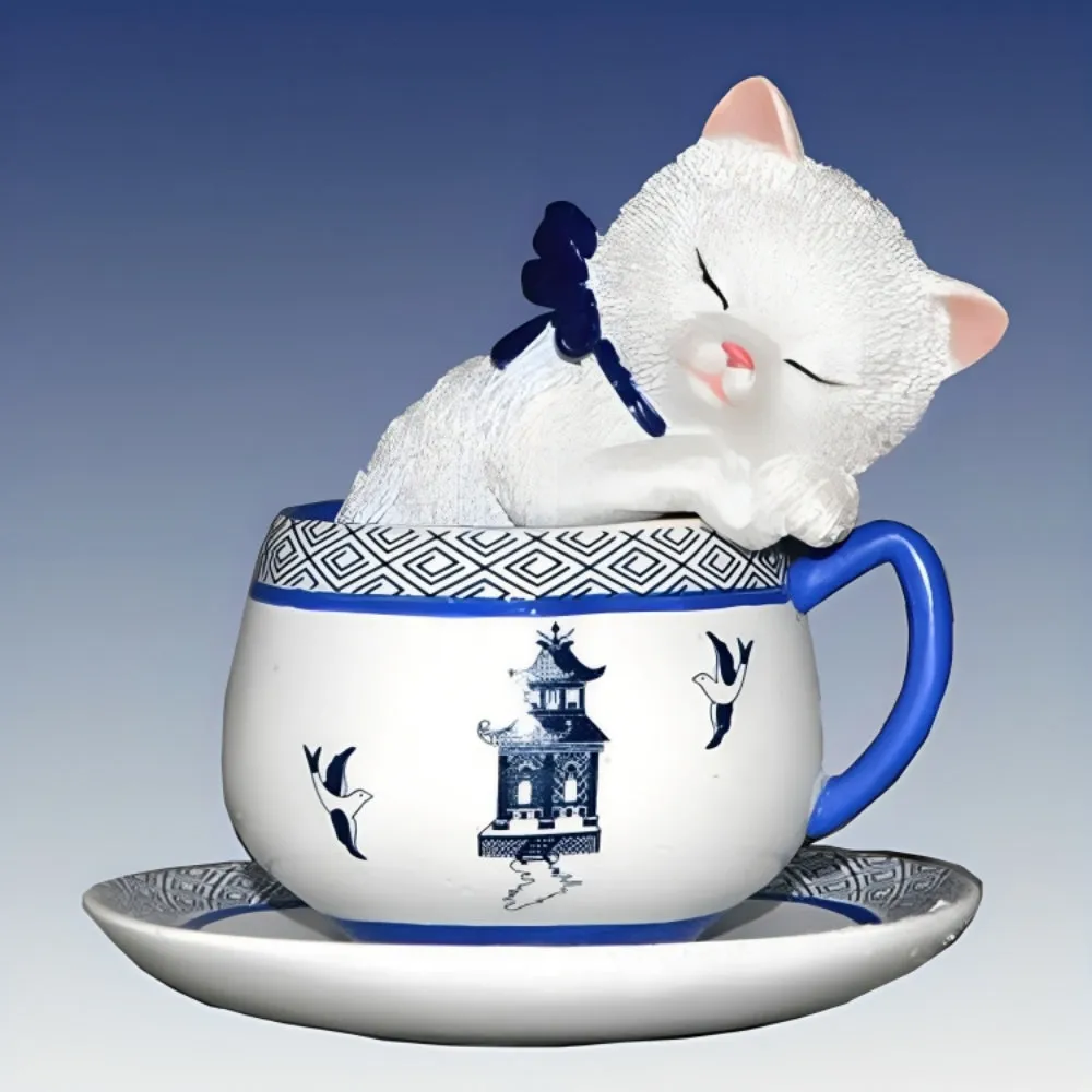 The Hamilton Collection Fun Loving Feline Blue Willow Teacup Sculpture Issue #5 Inspired by Timeless Chinese Love Legend 3.5-inches