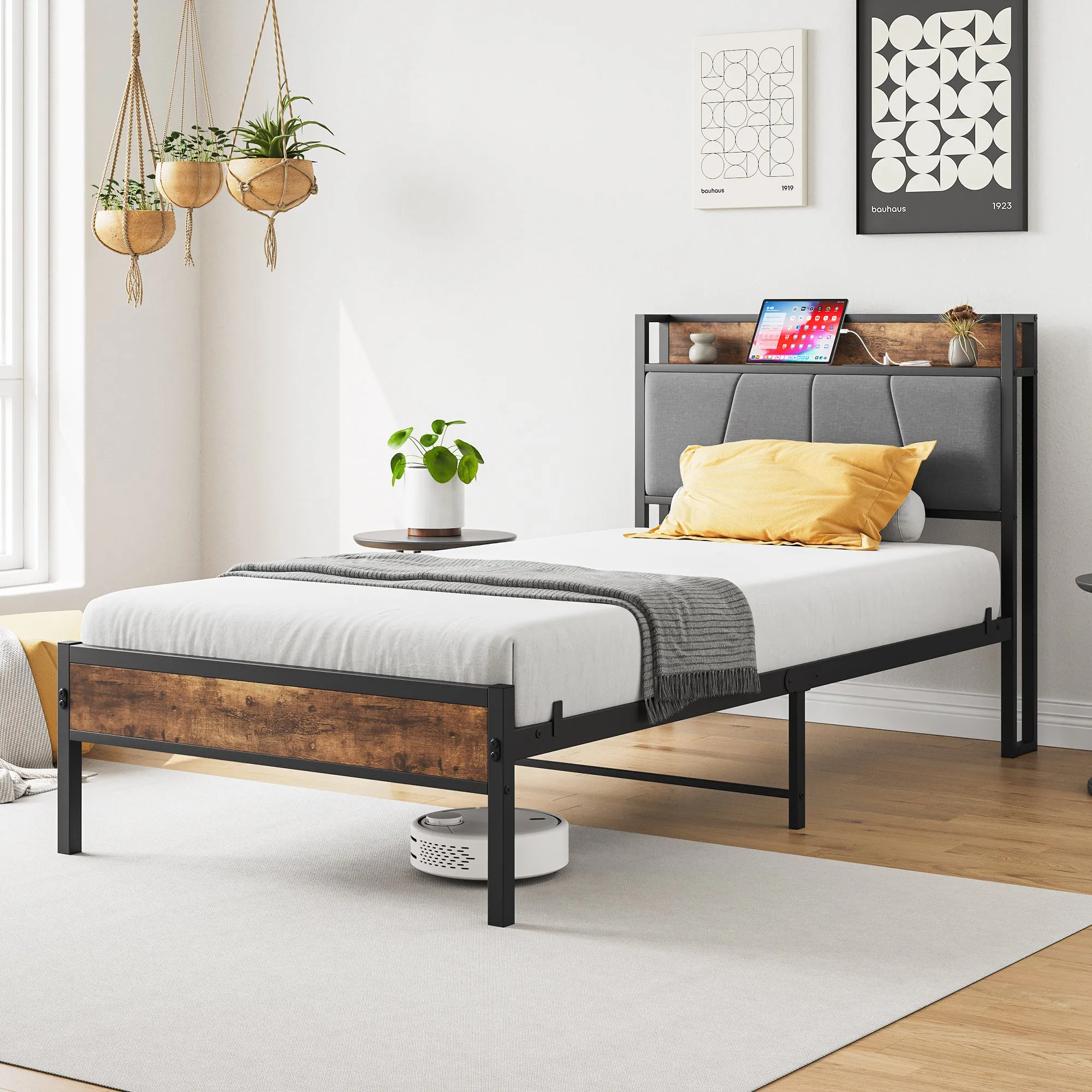 Twin Size Bed Frame - Storage Headboard, Charging Station, and Easy Assembly