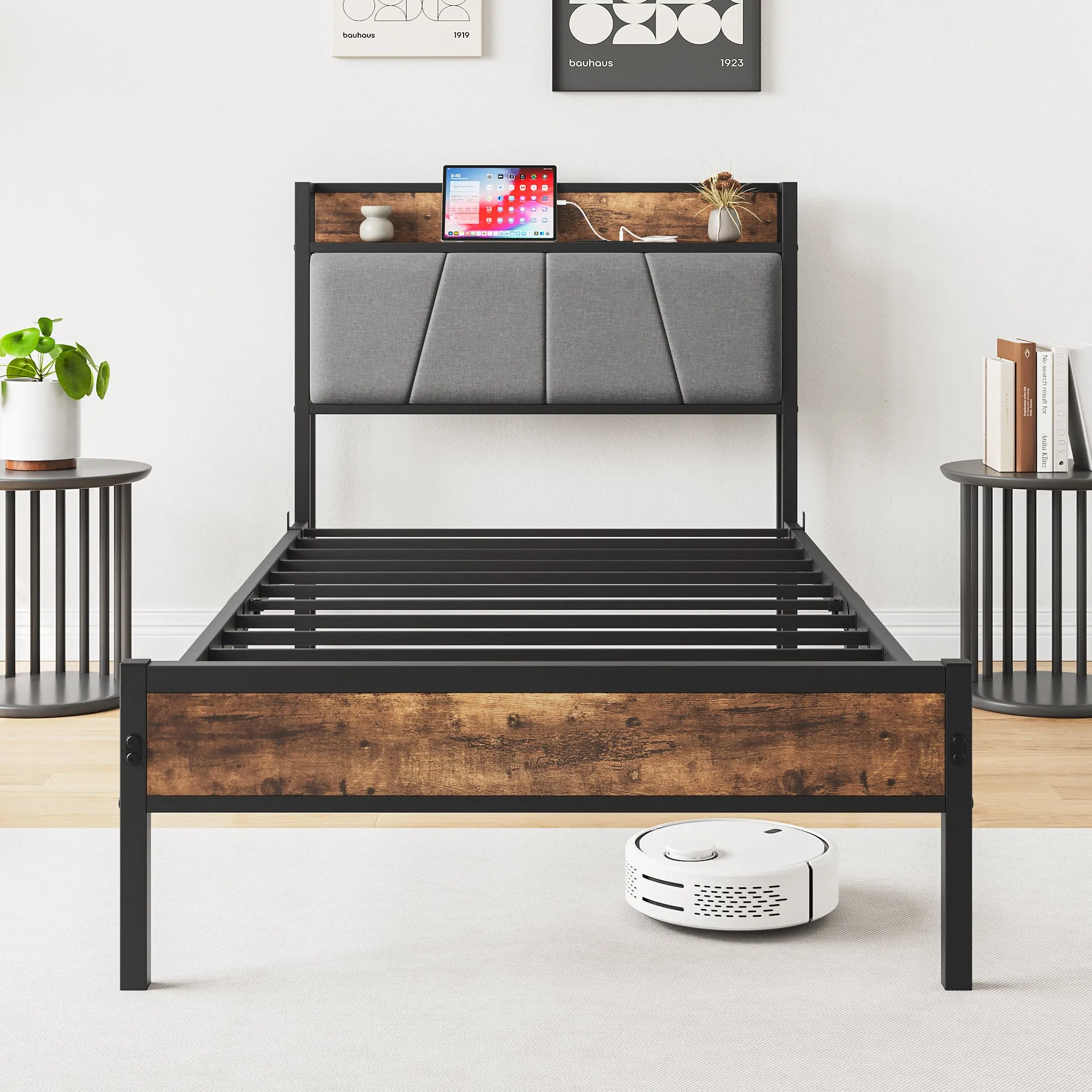 Twin Size Bed Frame - Storage Headboard, Charging Station, and Easy Assembly