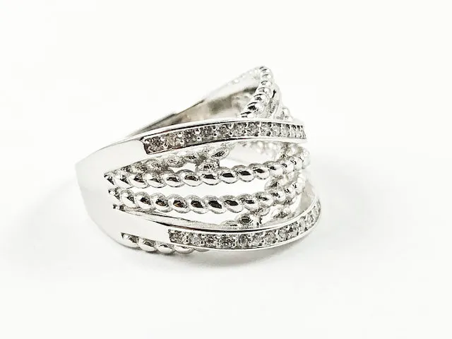 Unique Layered Twist & Cross Pattern CZ Silver Ring