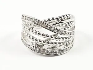 Unique Layered Twist & Cross Pattern CZ Silver Ring