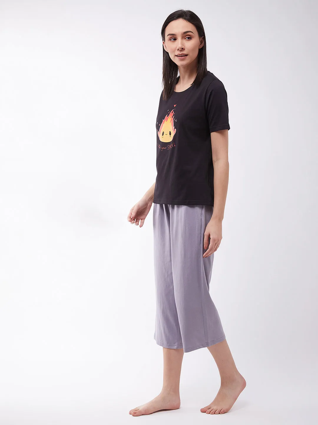 Women's Black and Charcoal Gray Cotton Solid Round Neck Short Sleeve Regular Length Top & Capri Set