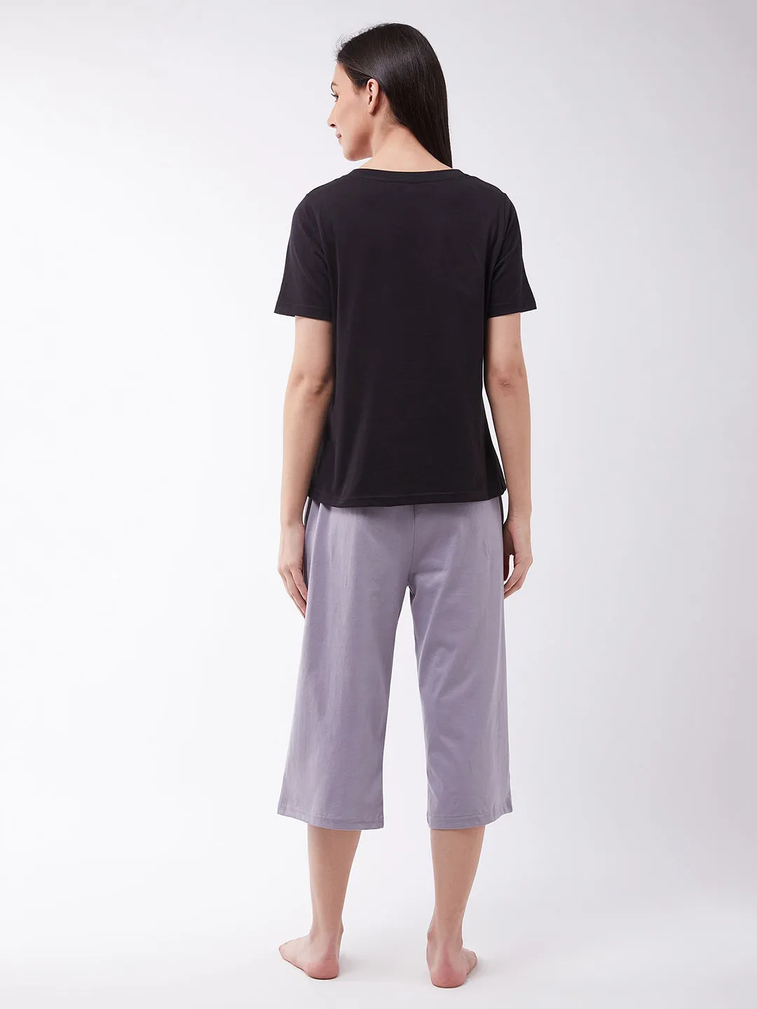 Women's Black and Charcoal Gray Cotton Solid Round Neck Short Sleeve Regular Length Top & Capri Set