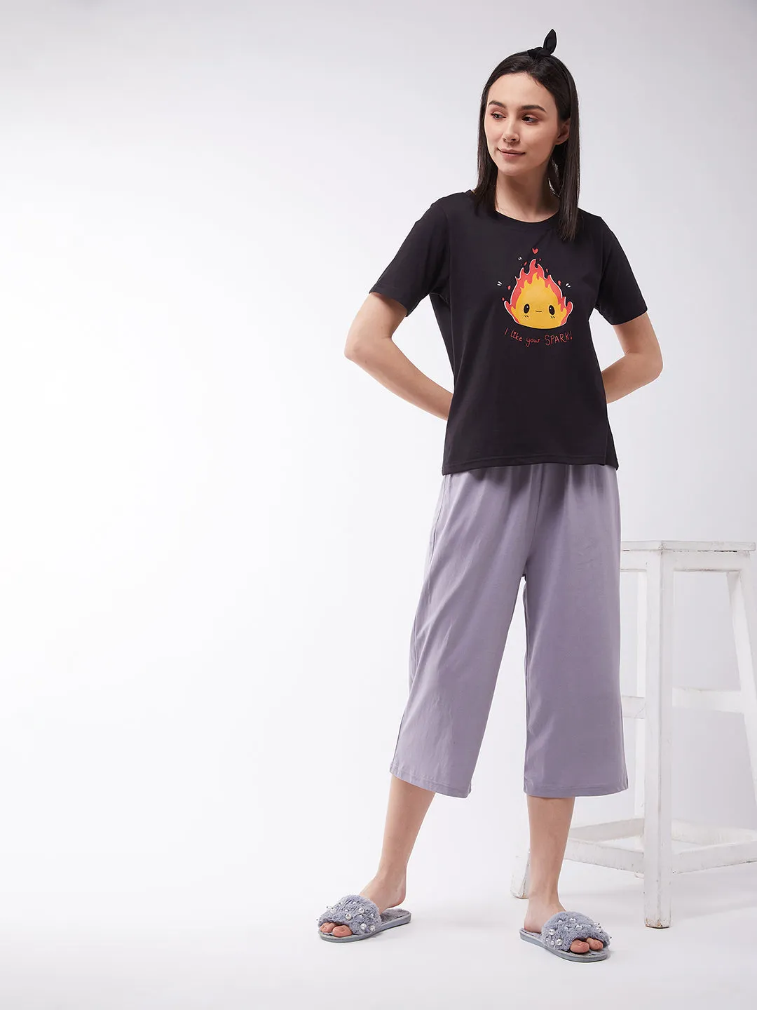Women's Black and Charcoal Gray Cotton Solid Round Neck Short Sleeve Regular Length Top & Capri Set